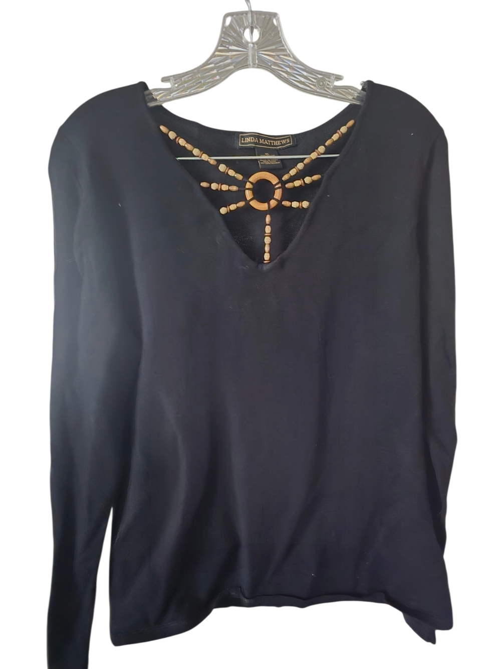 Linda Matthews Vintage-Style Beaded V-Neck Long Sleeve Top XL